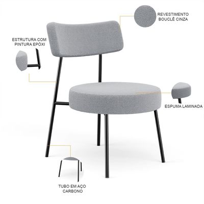 Poltrona Decorativa Para Sala De Estar Base Fixa Londres L02 Bouclê Cinza - Lyam