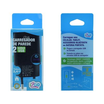 Carregador de Parede I2GO com 2 Saídas USB Entrada 100-240V Saída 5V 2,4A Preto