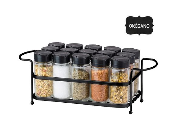 Porta Tempero Condimento 15 Potes Vidro Tampa Dosadora Suporte Preto Organização Cozinha