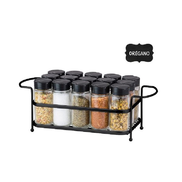 Porta Tempero Condimento 15 Potes Vidro Tampa Dosadora Suporte Preto Organização Cozinha