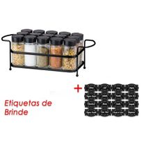 Porta Tempero Condimento 15 Potes Vidro Tampa Dosadora Suporte Preto Organização Cozinha