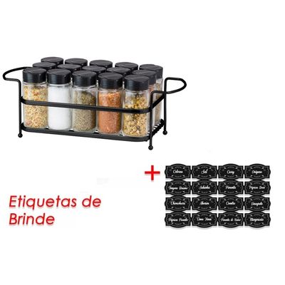 Porta Tempero Condimento 15 Potes Vidro Tampa Dosadora Suporte Preto Organização Cozinha