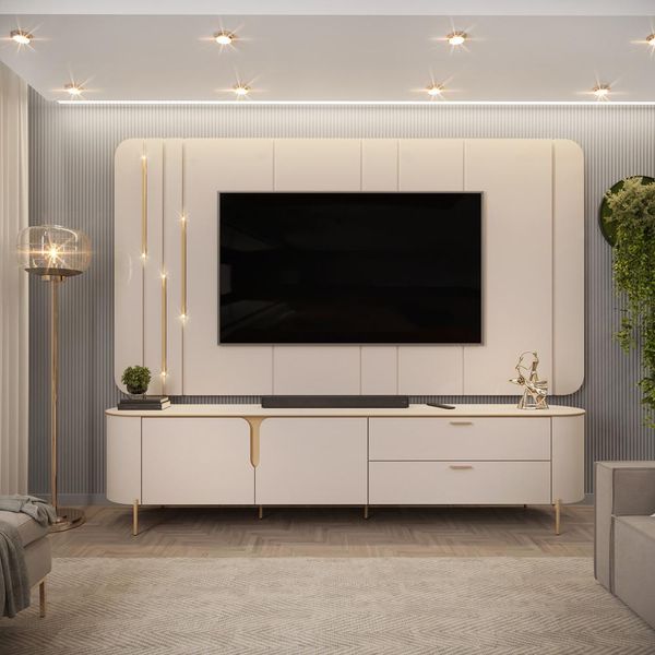 Painel com Bancada 241cm Avatar com LED e Detalhes Dourados para TV Até 75 Off White G18 - Gran Belo