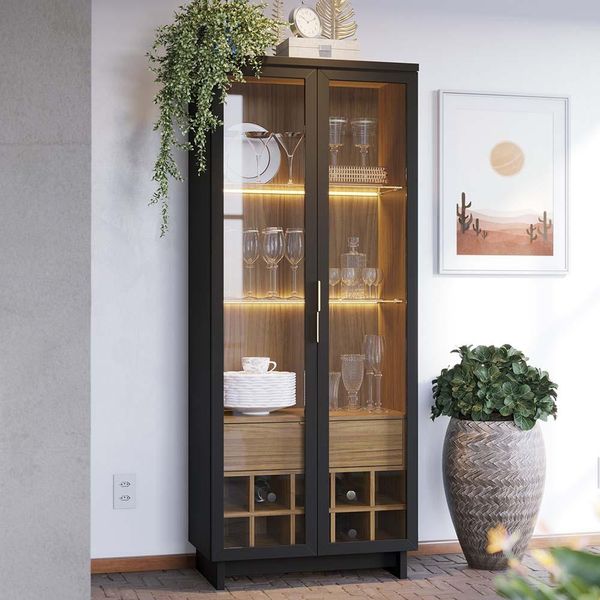 Cristaleira Decorativa com Led Tenerife Preto/Noce G73 - Gran Belo Cristaleira Decorativa com Led Tenerife Preto/Noce G73 - Gran Belo