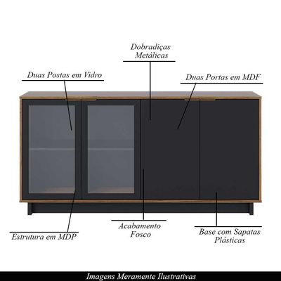 Buffet Aparador Decorativo 160cm Gunga Noce/Preto G73 - Gran Belo