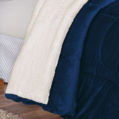 Coberdrom Apollo Queen Sherpa Pele de Carneiro + Manta Flannel 1 Peça - Azul Marinho