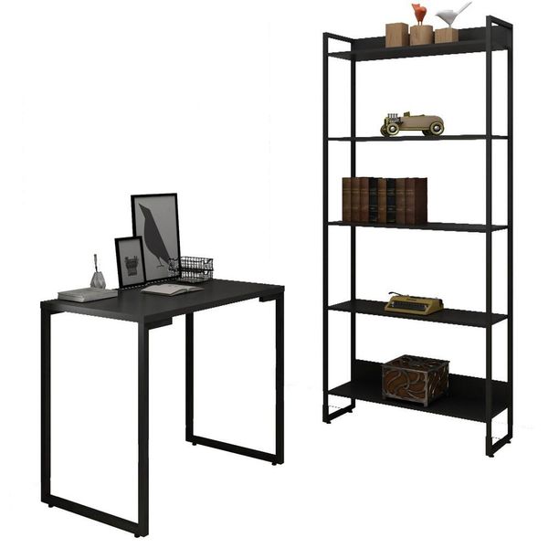 Conjunto Escritório Mesa Escrivaninha 90cm e Estante 5 Prateleiras Estilo Industrial New Port F02 Preto - Mpozenato