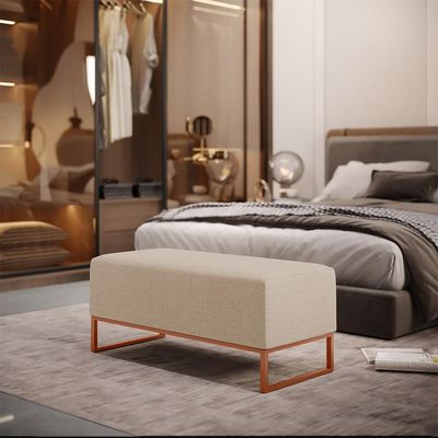 Puff Decorativo Sala De Estar Cléo 90cm Base De Ferro Cobre W01 Linho Bege Escuro- Lyam Decor