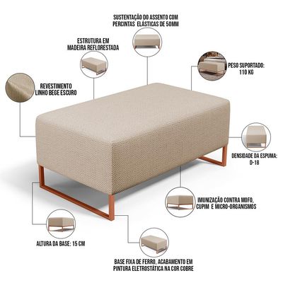 Puff Decorativo Sala De Estar Cléo 90cm Base De Ferro Cobre W01 Linho Bege Escuro- Lyam Decor