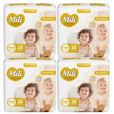Fralda Descartável Mili Love & Care 4 Pacotes c/ 18 (total: 72 fraldas)  Tam: XXXG - Grandinho