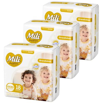 Fralda Descartável Mili Love & Care 3 Pacotes c/ 18 (total: 54 fraldas)  Tam: XXXG - Grandinho