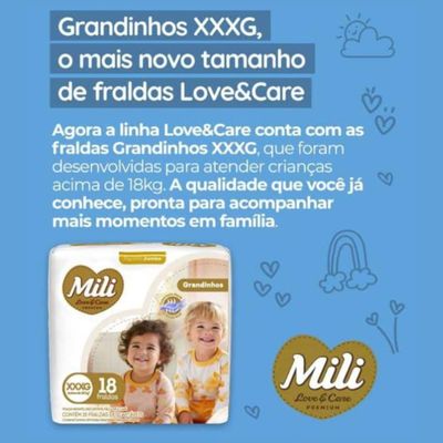 Fralda Descartável Mili Love & Care 3 Pacotes c/ 18 (total: 54 fraldas)  Tam: XXXG - Grandinho