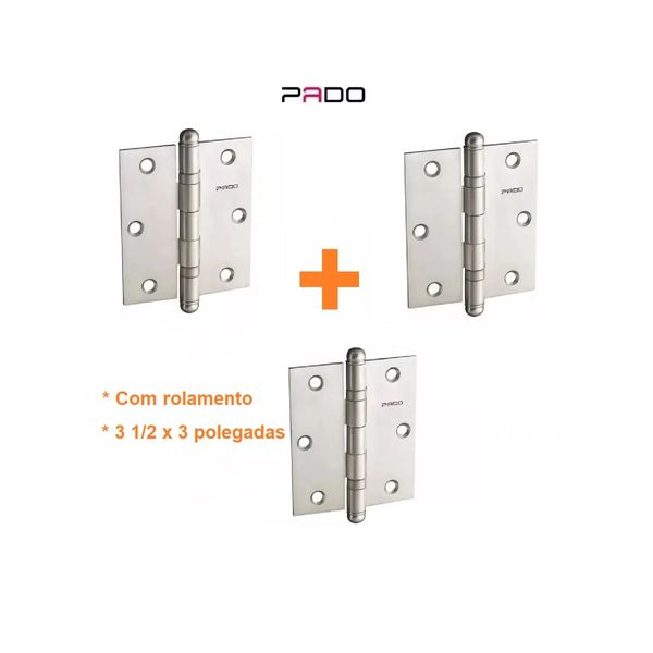 DOBRADIÇA PORTA MADEIRA PADO 3530 ESCOVADA ACETINADA ROLAMENTO KIT 3 PEÇAS + PARAFUSOS CRA