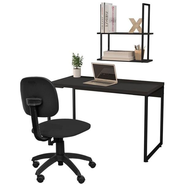 Kit Escritório Mesa Soft F01 e Cadeira Economy com Prateleira Industrial Design Preto - Lyam Decor