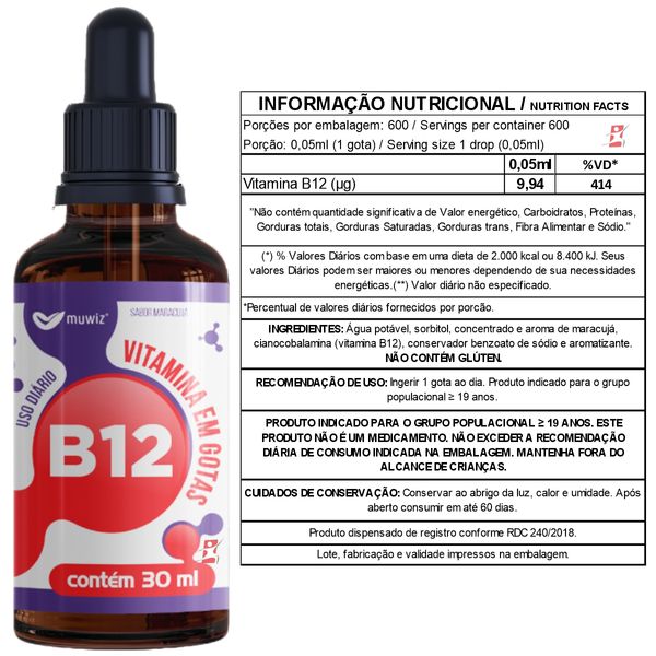VITAMINA B12 CIANOCOBALAMINA ALTO TEOR DE VITAMINA B12 APENAS 1 GOTA AO DIA 30ML 600 DOSES – MUWIZ