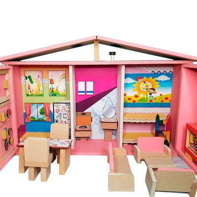 Casinha de Boneca com Móveis Estilo Maleta - Madeira - 5 Ambientes - Rosa