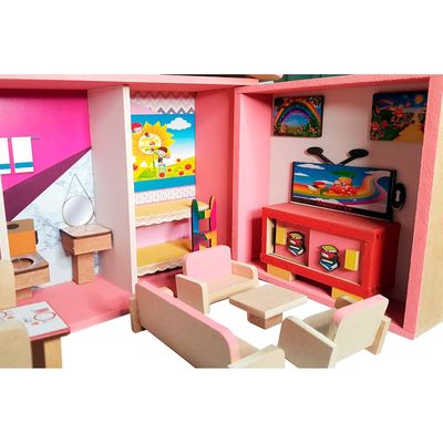 Casinha de Boneca com Móveis Estilo Maleta - Madeira - 5 Ambientes - Rosa
