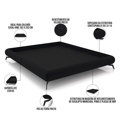 Cama Casal King Base Box Pés de Ferro Estilo Industrial 210cm Otto P05 Veludo Preto- Lyam Decor