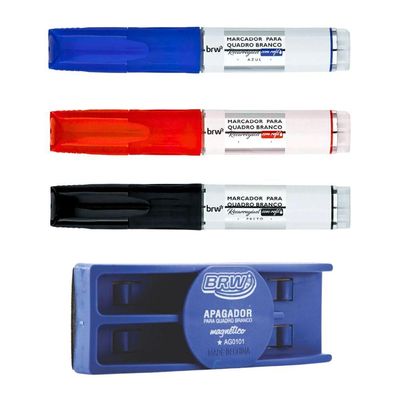Kit 3 Pincel Marcador Quadro Branco Recarregável Com Refil + Apagador Magnético Brw