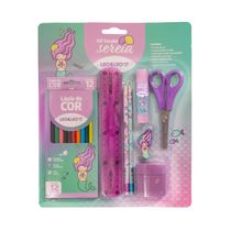 Kit Escolar Leo&Leo Sereia 12 Lápis de Cores, 2 Lápis, Borracha, Apontador, Cola, Régua e Tesoura