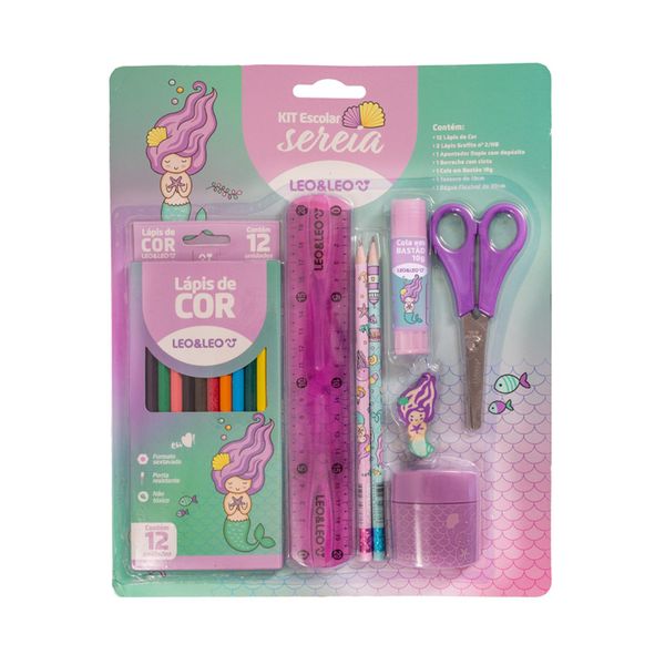 Kit Escolar Leo&Leo Sereia 12 Lápis de Cores, 2 Lápis, Borracha, Apontador, Cola, Régua e Tesoura