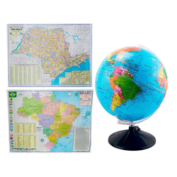 Kit Globo Terrestre Profissional Studio 30cm +  Mapa do Brasil + Mapa de SP Edição Atualizada Escolar Decorativo