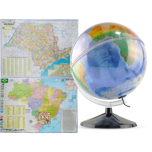 Kit Globo Terrestre Profissional Mondo 30cm +  Mapa do Brasil + Mapa São Paulo Edição Atualizada Escolar Decorativo