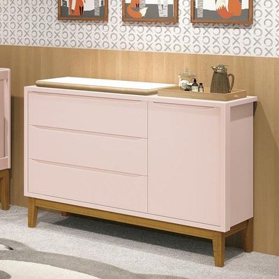 Cômoda Infantil Com Porta E 3 Gavetas Classic Rosa Fosco Com Pés Amadeirado - Reller Móveis Rosa Fosco