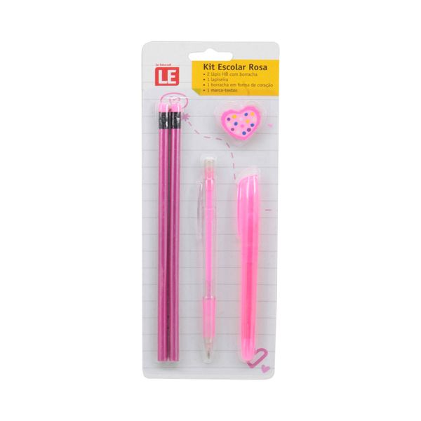 Kit Escolar Le Rosa com 2 Lápis com Borracha, 1 Marca de Texto, 1 Borracha de Coração e 1 Lapiseira