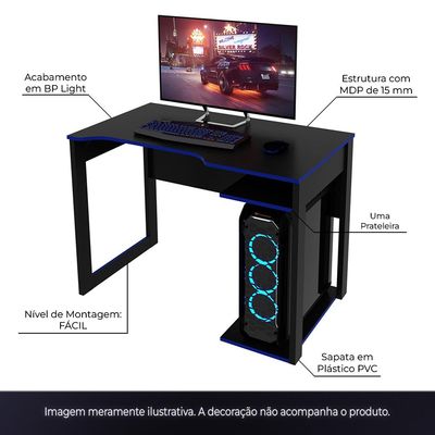 Mesa para Escritório Home Office Gamer ME4161 MDP Preto/Azul - Gran Belo
