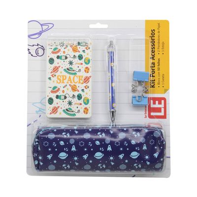 Kit Estojo Le Azul com 1 Caderneta Decorada, 1 Caneta Decorada, 1 Binder Clip e 1 Estojo Decorado
