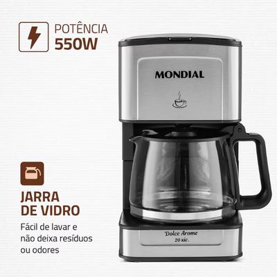 Cafeteira Elétrica Mondial Dolce Arome Vidro C-43-20X-SI 20 Xícaras 550W Preto com Inox / 220V