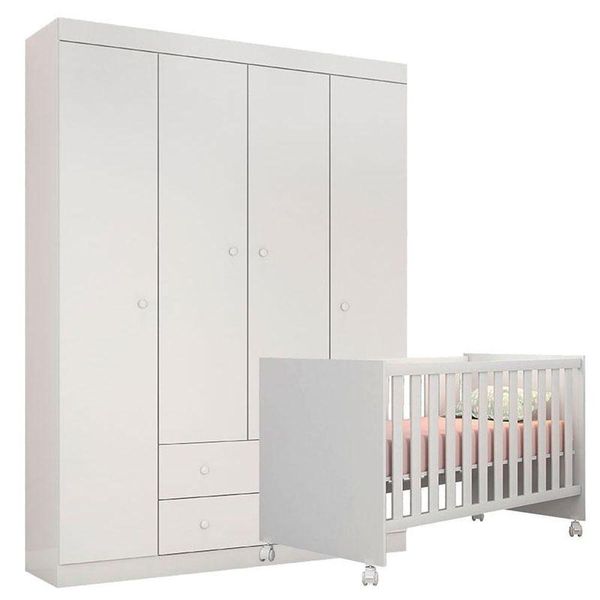 Berço Doce Sonho E Guarda Roupa Infantil Helena Branco Brilho - Phoenix