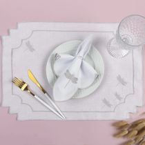 Kit 12 Jogos Americanos Guardanapos De Mesa Retangular Bordado Libélula - Branco