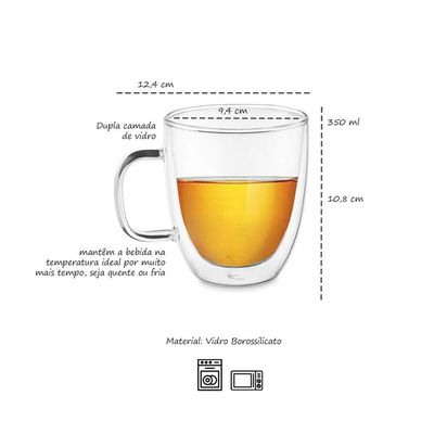 Caneca Vidro Borossilicato 350ml Parede Dupla Resistente Calor 2un
