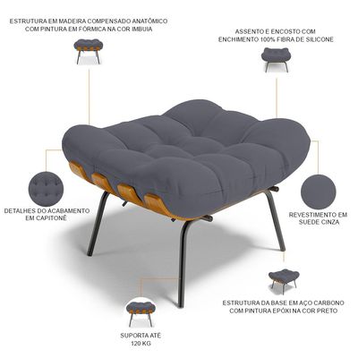 Puff Decorativo Sala de Estar Costela L02 Suede Cinza - Lyam Decor