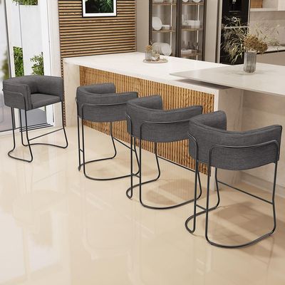 Banqueta Decorativa Fixa Baixa Base de Aço Preto Betina D02 Linho Cinza Escuro C-416 - Lyam Decor