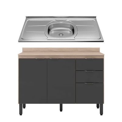 Balcão Demóbile Firenze com 3 Portas, 2 Gavetas e 1 Prateleira + Pia para Cozinha Ghelplus King com Válvula - 120x53cm Avena com Grafito
