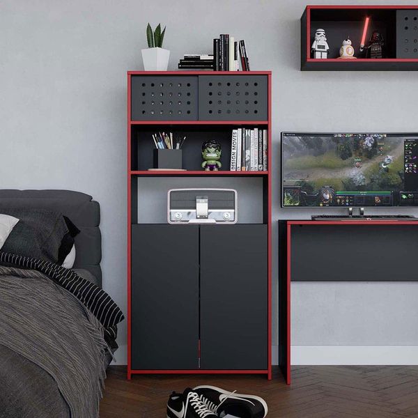Armário Alto Caemmun Pixel com 1 Prateleira e 4 Portas Preto TX e Vermelho Armário Alto Caemmun Pixel com 1 Prateleira e 4 Portas Preto TX e Vermelho
