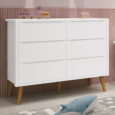 Cômoda Infantil Theo 6 Gavetas Branco Fosco Com Pés Amadeirado - Reller Móveis Branco Fosco