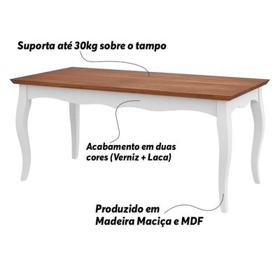 Mesa Sala de Jantar Cozinha Gallia 200cm Madeira Maciça e MDF Branco/Imbuia - Gran Belo