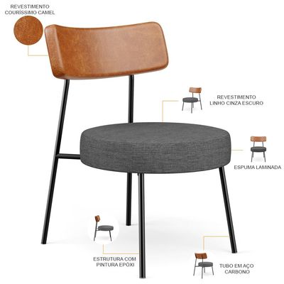 Poltrona Decorativa Para Sala De Estar Fixa Londres L02 Couríssimo Camel Linho Cinza Escuro - Lyam