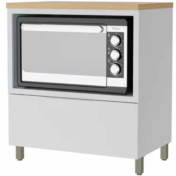 Balcão Nesher Marquesa em MDF 15mm com Nicho para Micro-ondas, 1 Gaveta e 1 Prateleira - 80cm de largura Branco com Nature