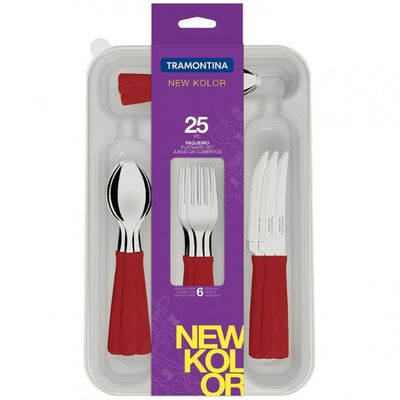 Faqueiro 25 Peças Tramontina New Kolor em Aço Inox com Gaveteiro Vermelho