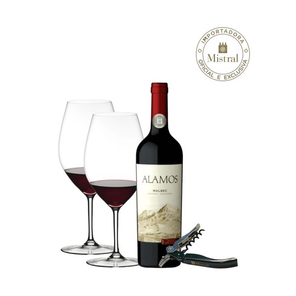 Kit Alamos Malbec + Taças Riedel Ouverture Double Magnum e Saca Rolhas