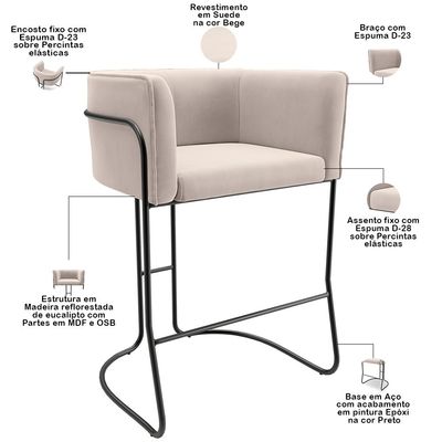 Banqueta Decorativa Fixa Baixa Base de Aço Preto Betina D02 Suede Bege C-309 - Lyam Decor