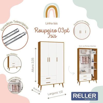 Jogo De Quarto Infantil Isis Guarda Roupa 3 Portas E Berço Branco/savana - Reller Móveis Branco/savana