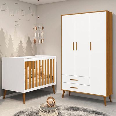 Jogo De Quarto Infantil Isis Guarda Roupa 3 Portas E Berço Branco/savana - Reller Móveis Branco/savana