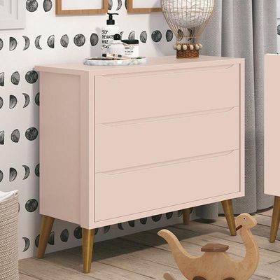 Cômoda Infantil 3 Gavetas Theo Retrô Rosa Fosco Com Pés Amadeirado - Reller Móveis Rosa Fosco