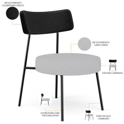 Poltrona Decorativa Para Sala De Estar Base Fixa Londres L02 Couríssimo Preto Linho Cinza - Lyam